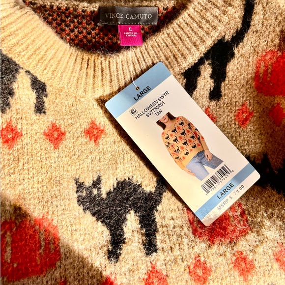 VINCE CAMUTO Women’s Halloween Sweater Tan w/Black Cats & Pumpkins Drop Sleeve - Picture 5 of 7